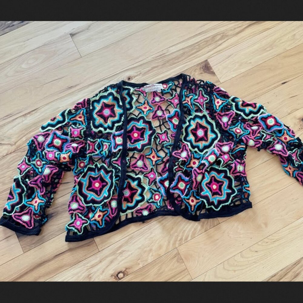 Rainbow & Black Crochet Knit Lace Shawl Cardigan Ramie Cotton Vintage